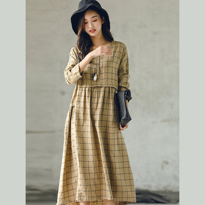 New Plaid Fall Dress O Neck Baggy Caftans Large Hem Linen Dresses