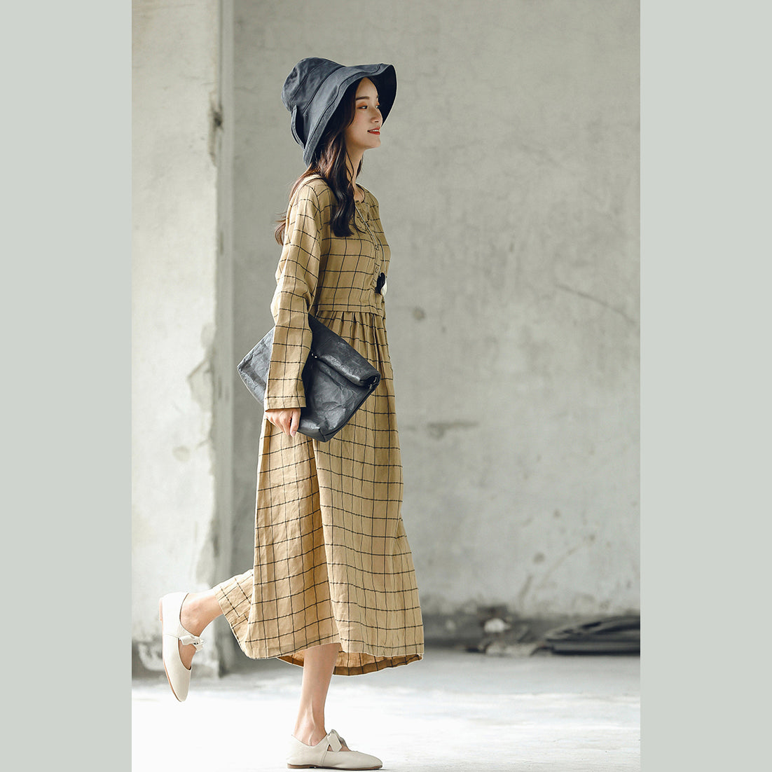 New Plaid Fall Dress O Neck Baggy Caftans Large Hem Linen Dresses