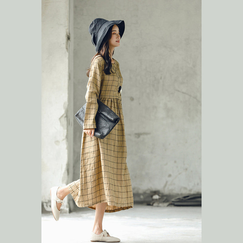 New Plaid Fall Dress O Neck Baggy Caftans Large Hem Linen Dresses