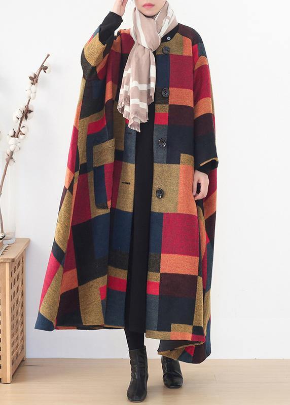 New Clothing Trench Coat Outwear Yellow Plaid O Neck Extra Large Hem Wool Coat