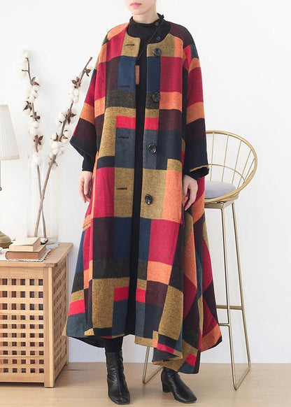 New Clothing Trench Coat Outwear Yellow Plaid O Neck Extra Large Hem Wool Coat