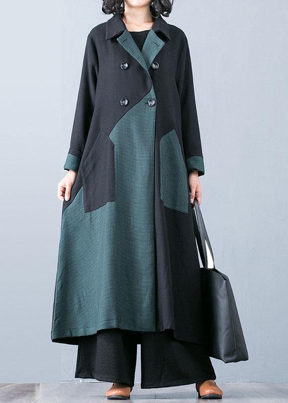 New Long Coat Fall Jacket Green Patchwork Double Breast Coats