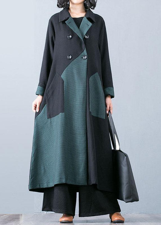 New Long Coat Fall Jacket Green Patchwork Double Breast Coats