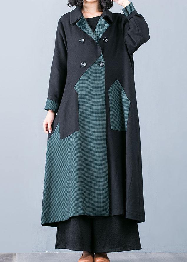 New Long Coat Fall Jacket Green Patchwork Double Breast Coats