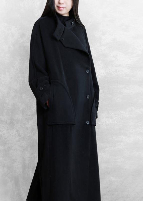 New Long Winter Coat Black Pockets Button Down Woolen Coats
