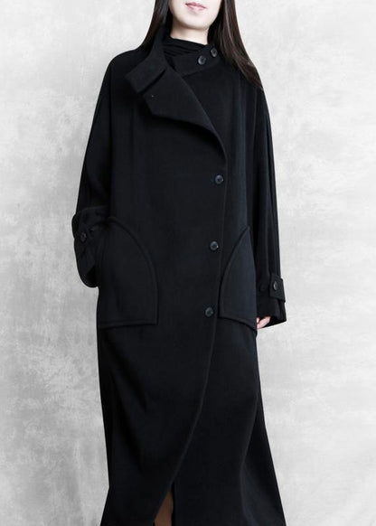 New Long Winter Coat Black Pockets Button Down Woolen Coats