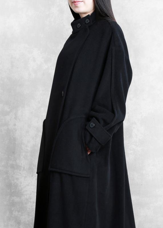 New Long Winter Coat Black Pockets Button Down Woolen Coats