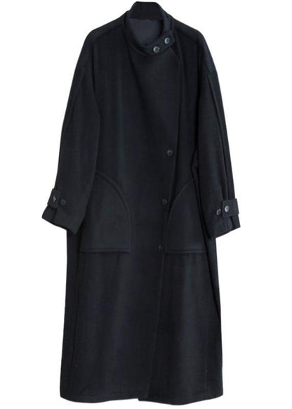New Long Winter Coat Black Pockets Button Down Woolen Coats