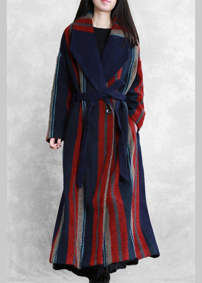 New Maxi Coat Blue Red Striped Notched Tie Waist Wool Jackets