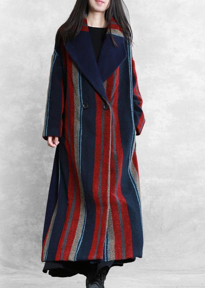 New Maxi Coat Blue Red Striped Notched Tie Waist Wool Jackets