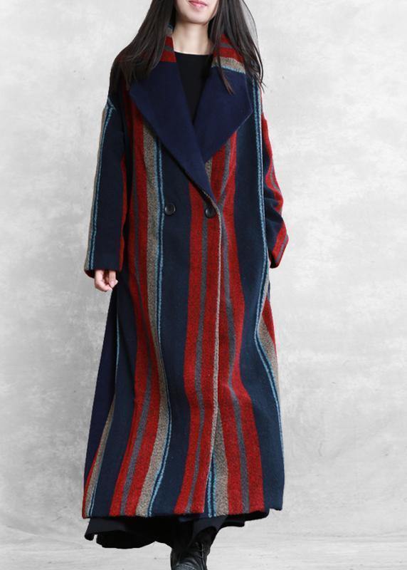New Maxi Coat Blue Red Striped Notched Tie Waist Wool Jackets