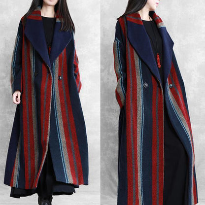 New Maxi Coat Blue Red Striped Notched Tie Waist Wool Jackets