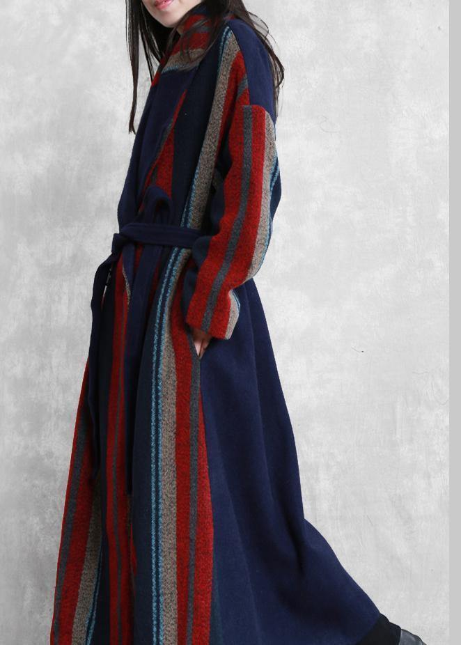 New Maxi Coat Blue Red Striped Notched Tie Waist Wool Jackets