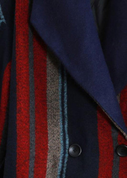 New Maxi Coat Blue Red Striped Notched Tie Waist Wool Jackets