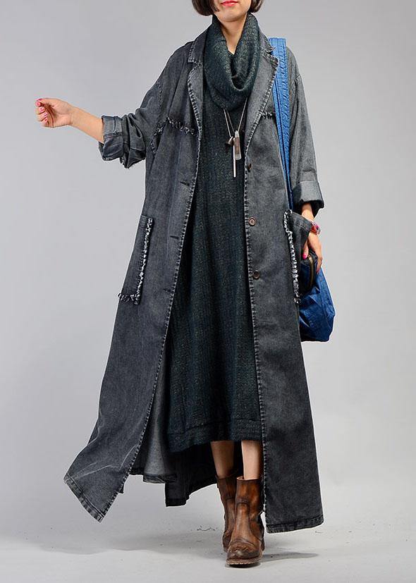 New Maxi Coat Fall Denim Black Notched Large Pockets Coat for Woman