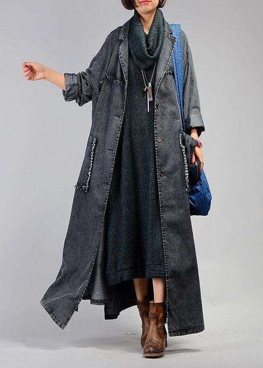 New Maxi Coat Fall Denim Black Notched Large Pockets Coat for Woman
