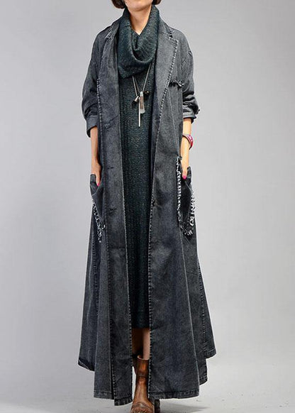 New Maxi Coat Fall Denim Black Notched Large Pockets Coat for Woman
