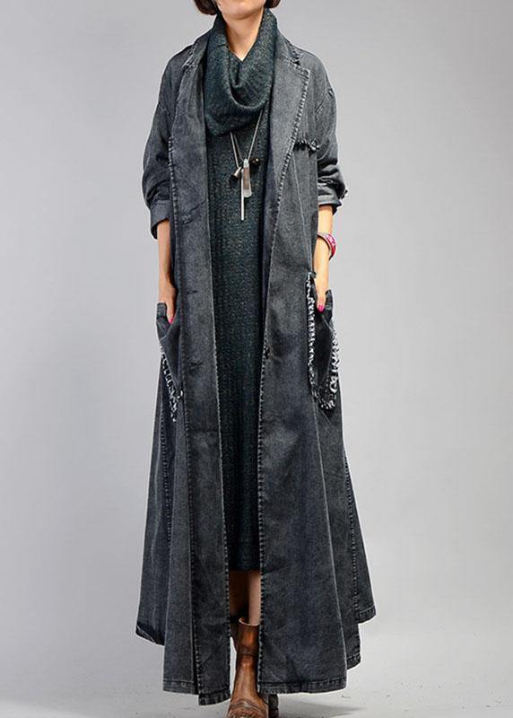 New Maxi Coat Fall Denim Black Notched Large Pockets Coat for Woman