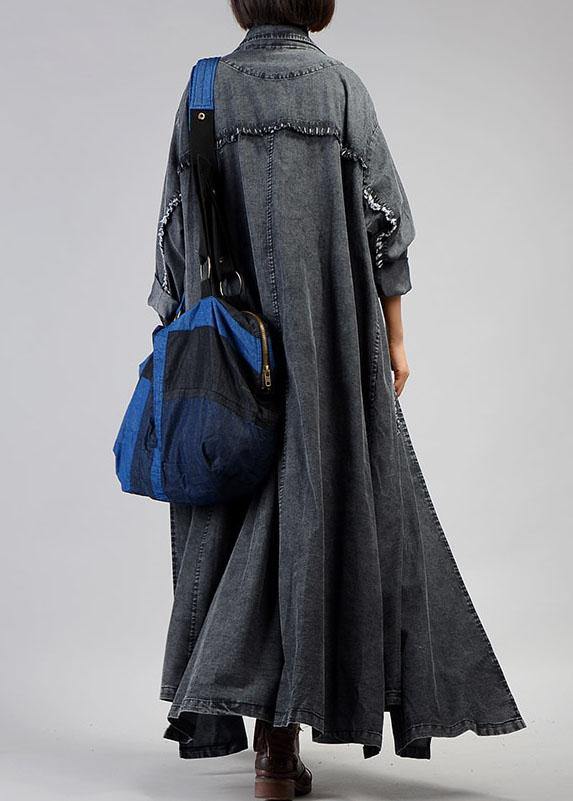 New Maxi Coat Fall Denim Black Notched Large Pockets Coat for Woman
