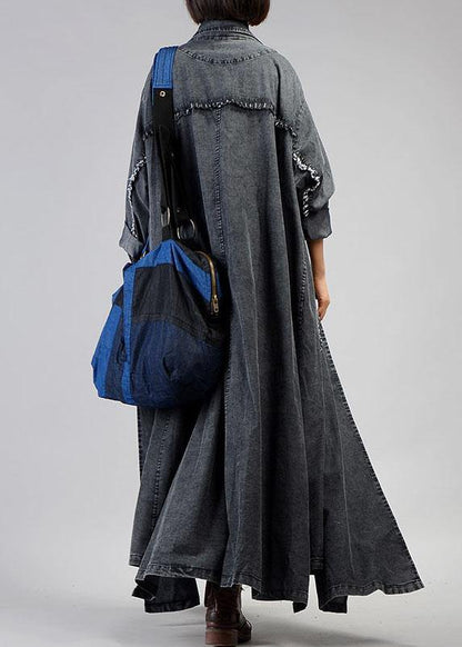 New Maxi Coat Fall Denim Black Notched Large Pockets Coat for Woman