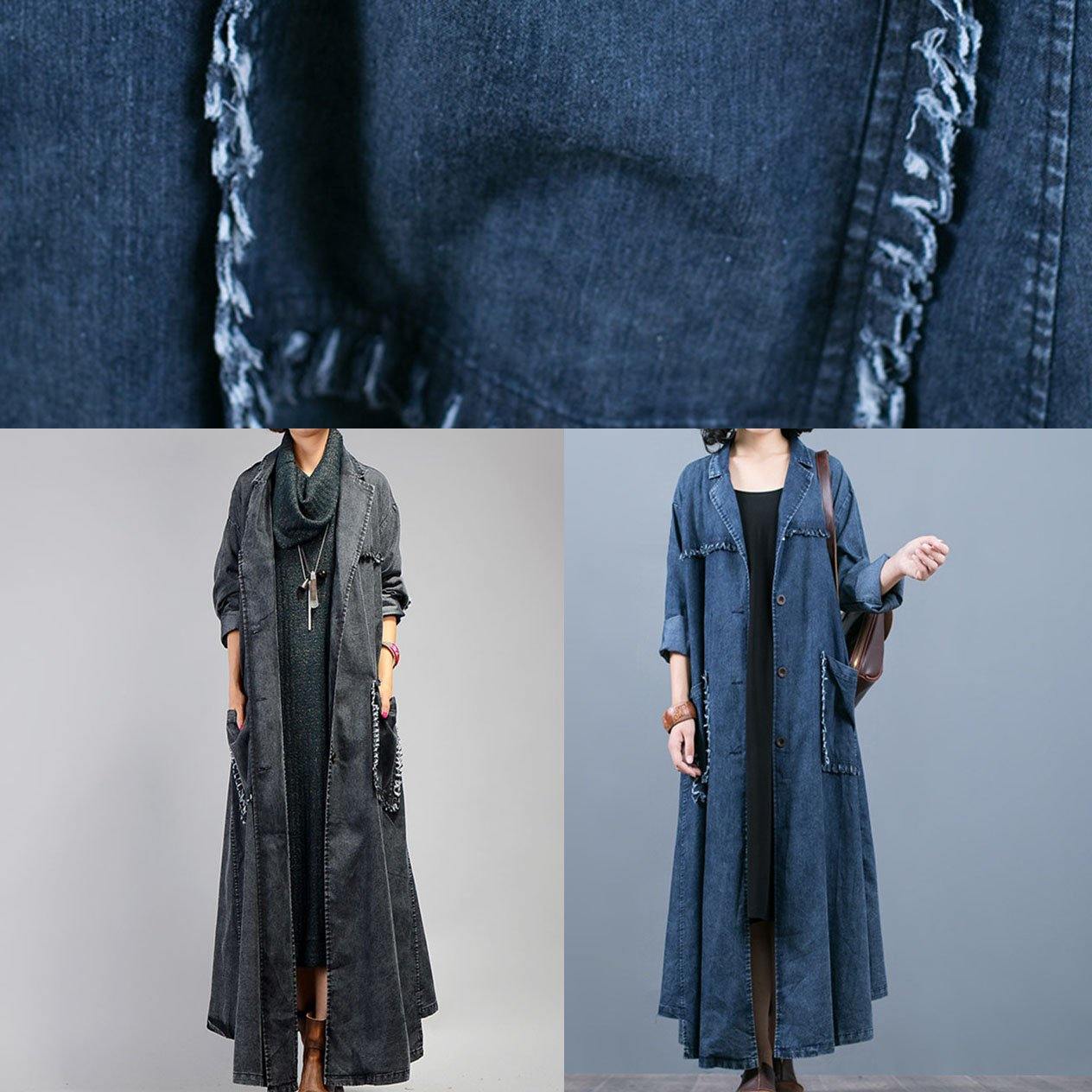 New Maxi Coat Fall Denim Black Notched Large Pockets Coat for Woman