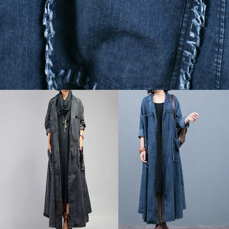 New Maxi Coat Fall Denim Black Notched Large Pockets Coat for Woman
