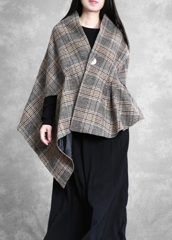 New Medium Length Coat Outwear Khaki Plaid Asymmetric Batwing Sleeve Woolen Coats