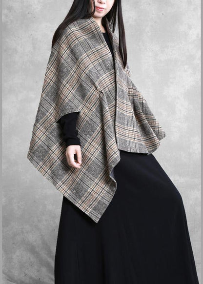 New Medium Length Coat Outwear Khaki Plaid Asymmetric Batwing Sleeve Woolen Coats