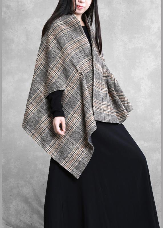 New Medium Length Coat Outwear Khaki Plaid Asymmetric Batwing Sleeve Woolen Coats