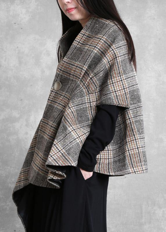 New Medium Length Coat Outwear Khaki Plaid Asymmetric Batwing Sleeve Woolen Coats