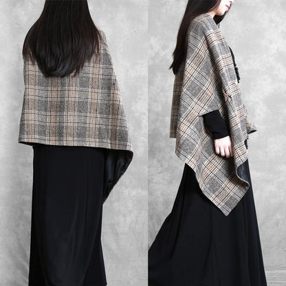 New Medium Length Coat Outwear Khaki Plaid Asymmetric Batwing Sleeve Woolen Coats