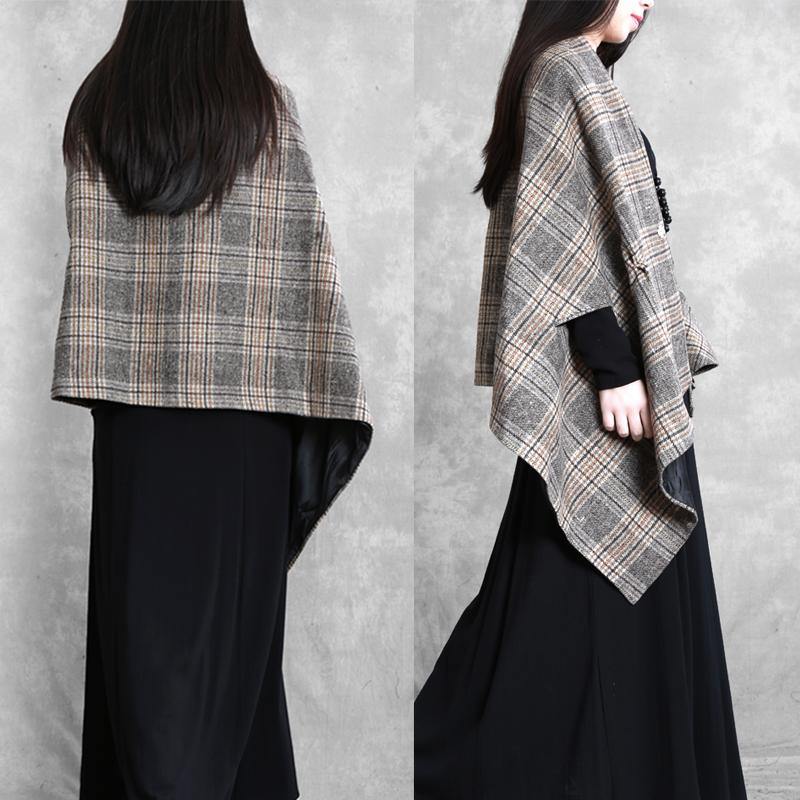 New Medium Length Coat Outwear Khaki Plaid Asymmetric Batwing Sleeve Woolen Coats