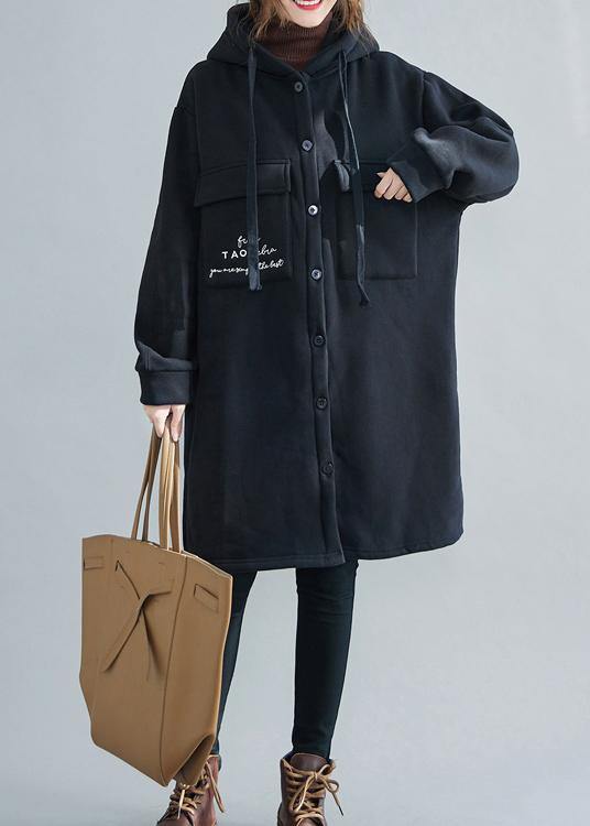 New Snow Coats Black Embroidery Hooded Pockets Outfit