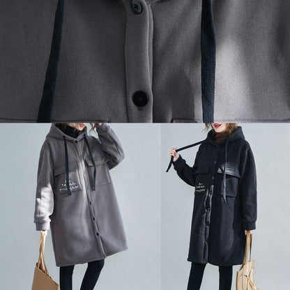 New Snow Coats Black Embroidery Hooded Pockets Outfit