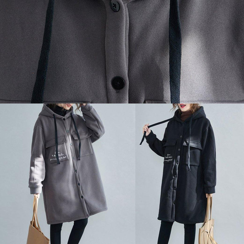 New Snow Coats Black Embroidery Hooded Pockets Outfit