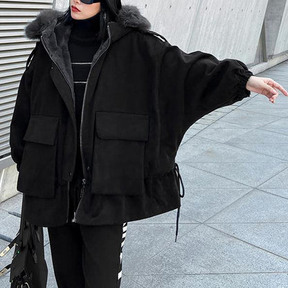 New Warm Winter Coat Black Hooded Faux Fur Collar Outfit