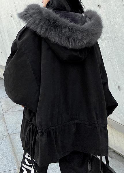 New Warm Winter Coat Black Hooded Faux Fur Collar Outfit