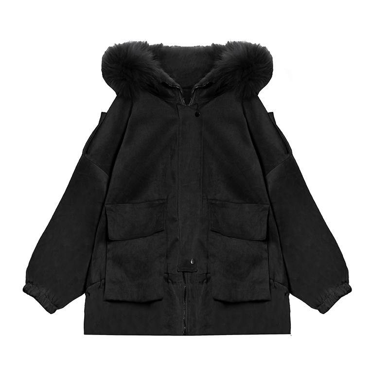 New Warm Winter Coat Black Hooded Faux Fur Collar Outfit