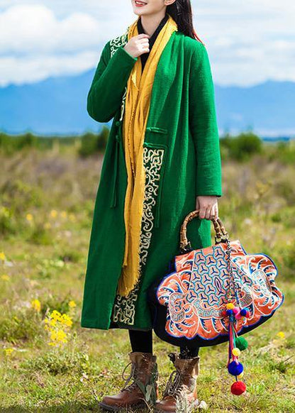 New Warm Winter Coat Embroidery Outwear Green Winter Overcoat