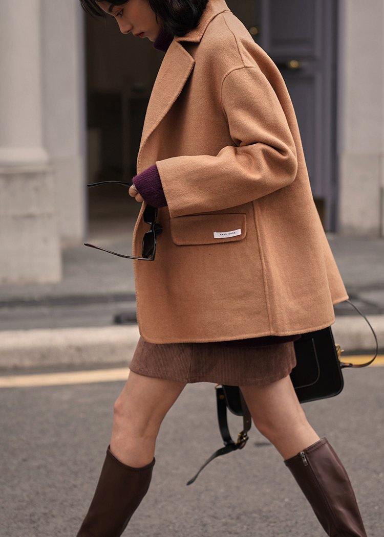 New Winter Coat Coats Khaki Notched Back Side Open Woolen Coats