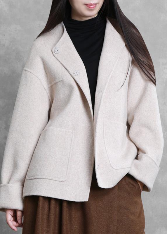 New Winter Coats Beige O Neck Pockets Woolen Coats
