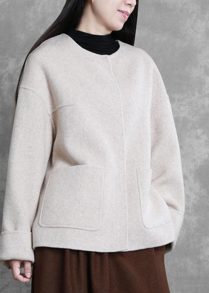 New Winter Coats Beige O Neck Pockets Woolen Coats