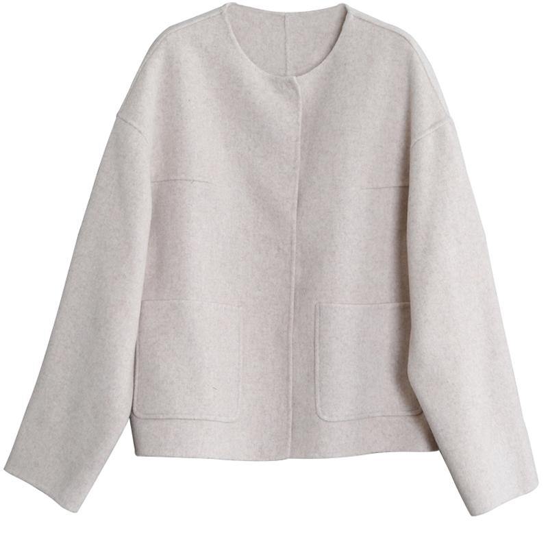 New Winter Coats Beige O Neck Pockets Woolen Coats