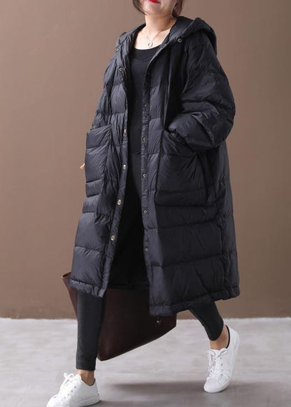 New Winter Jacket Black Hooded Zippered Duck Down Coat