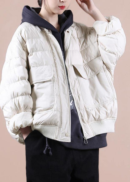 New Winter Jacket Coats Beige Large Pockets Down Jacket Woman