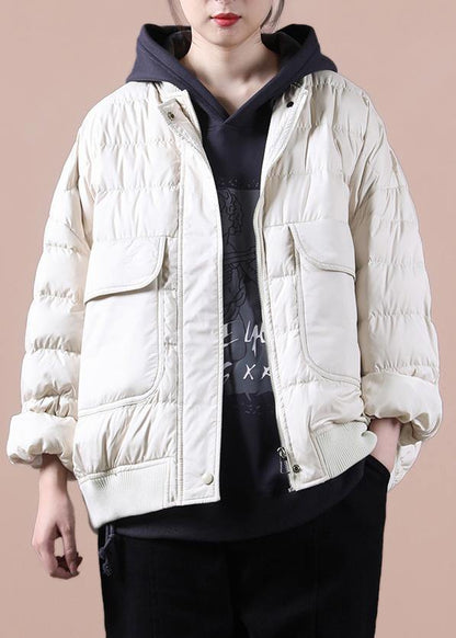 New Winter Jacket Coats Beige Large Pockets Down Jacket Woman