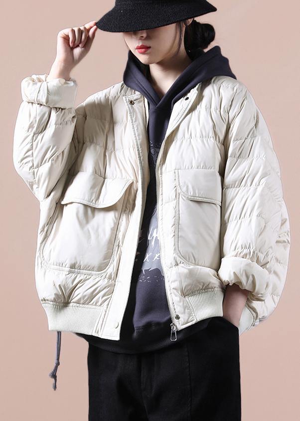 New Winter Jacket Coats Beige Large Pockets Down Jacket Woman