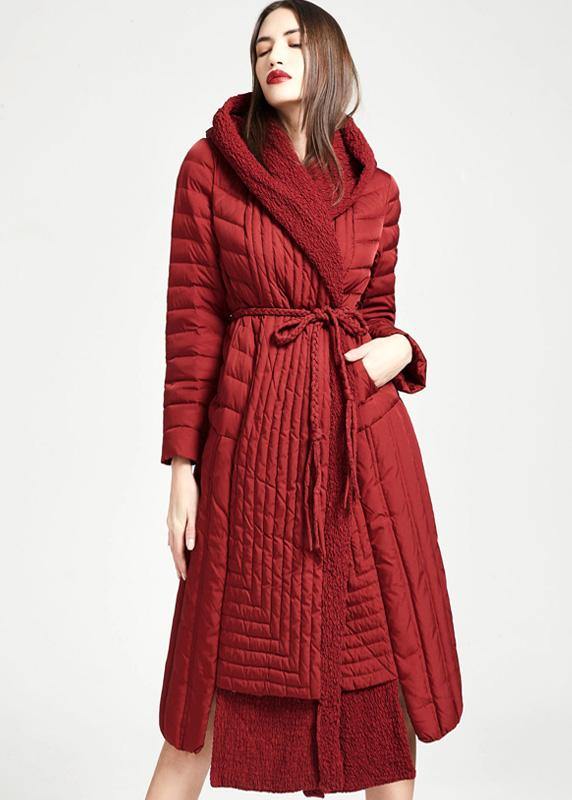 New Parka Tie Waist Jackets Red Hooded Asymmetric Hem Duck Down Coat