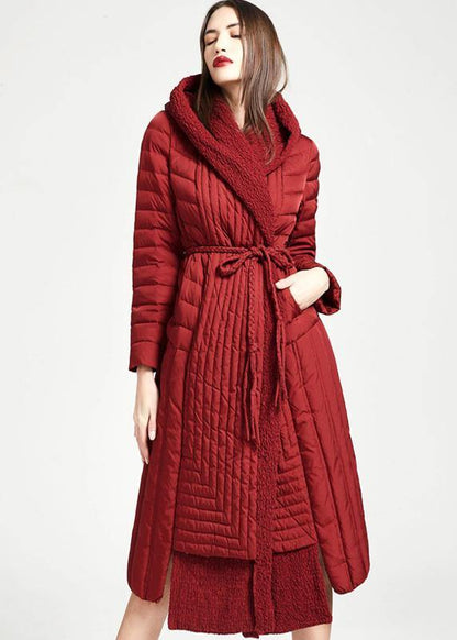 New Parka Tie Waist Jackets Red Hooded Asymmetric Hem Duck Down Coat