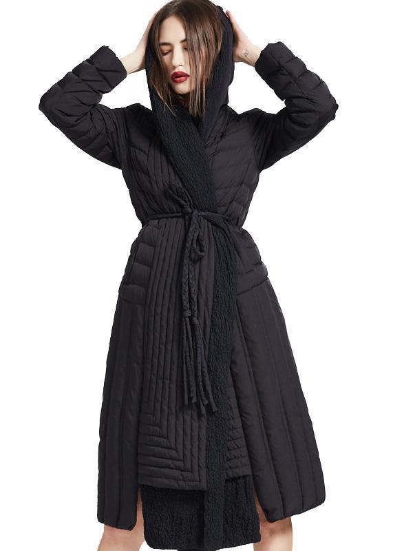 New Parka Tie Waist Jackets Red Hooded Asymmetric Hem Duck Down Coat